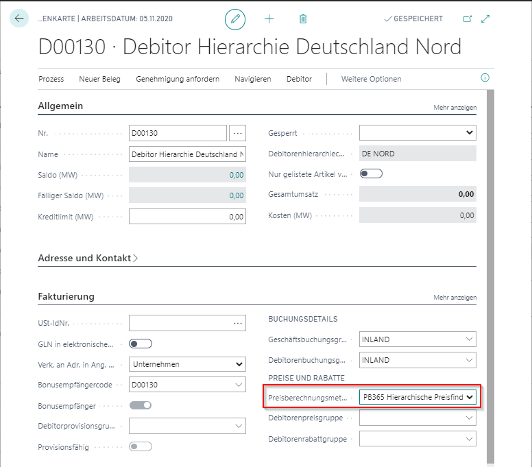 Preisberechnungsmethode Debitorenkarte