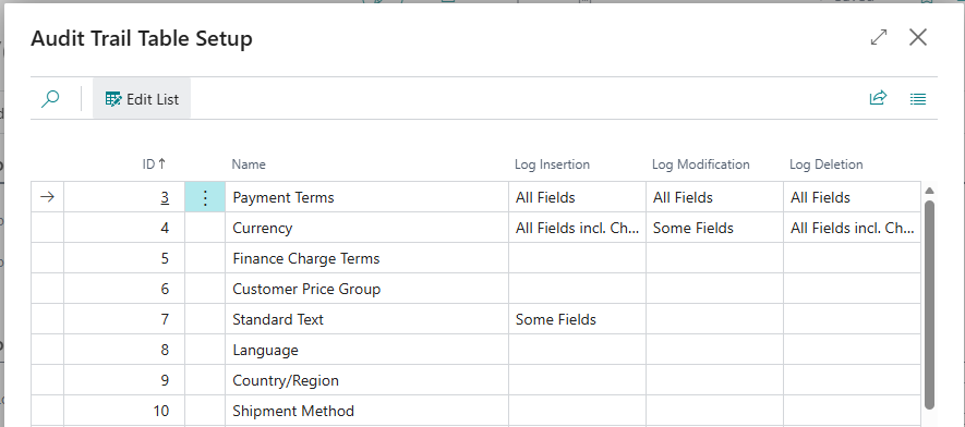 Audit Trail Table Setup