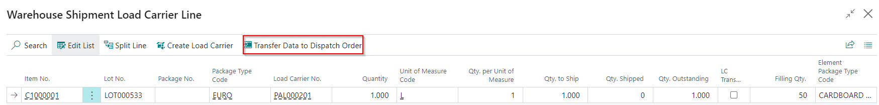 Transfer Data to Dispatch Order