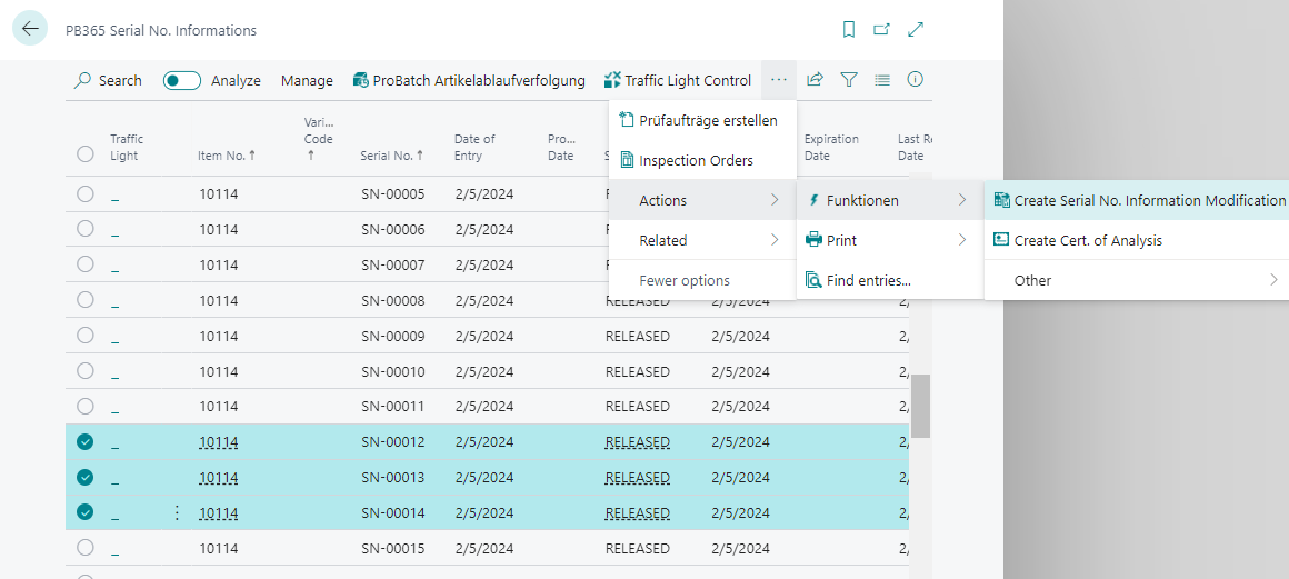 Modify data of several serial numbers
