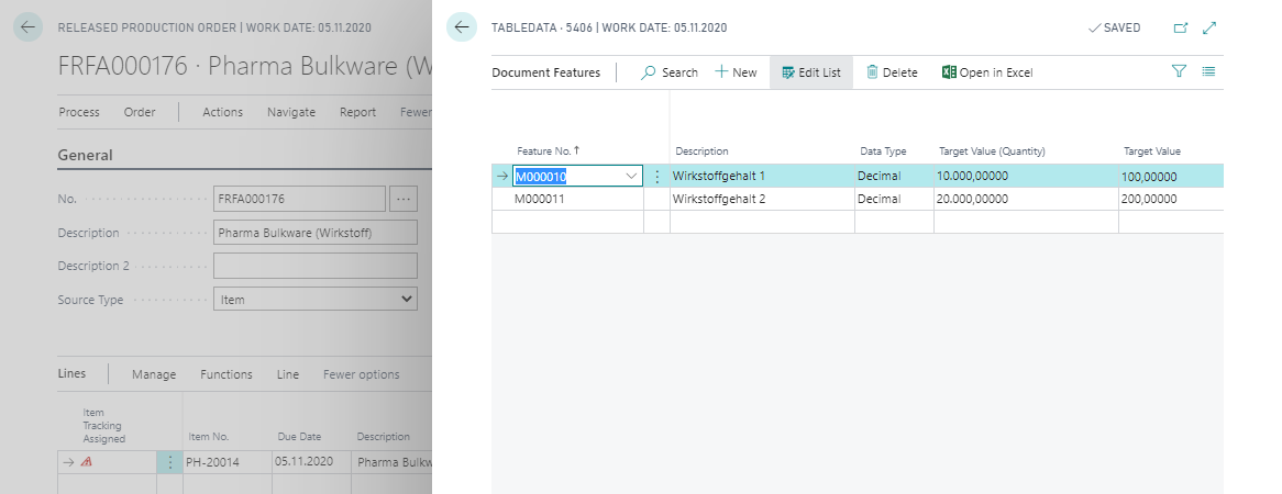 Document Features in Production Order