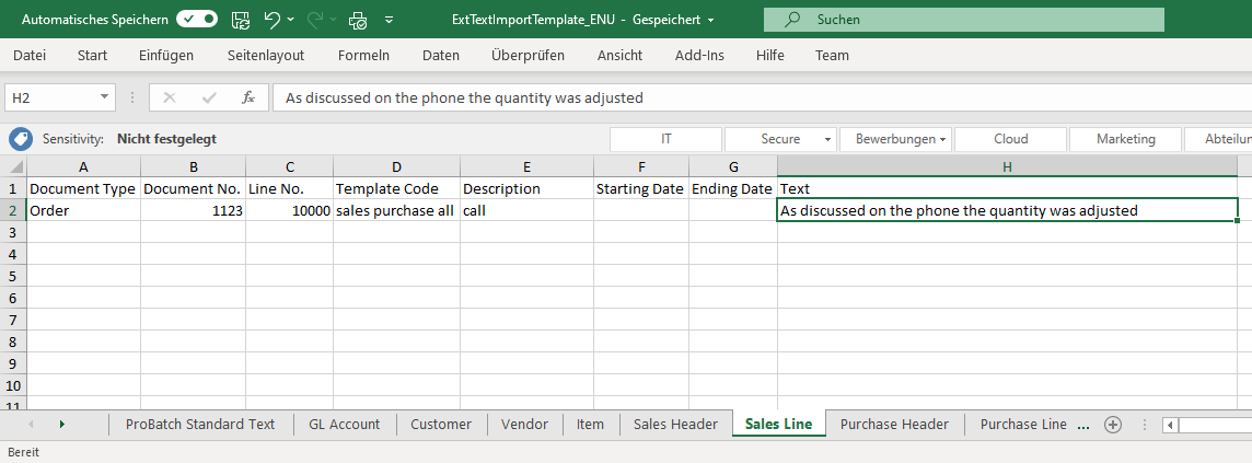 Example: Import of a sales line text
