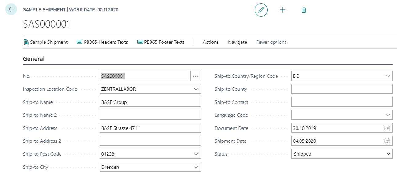 Sample Shipment Header