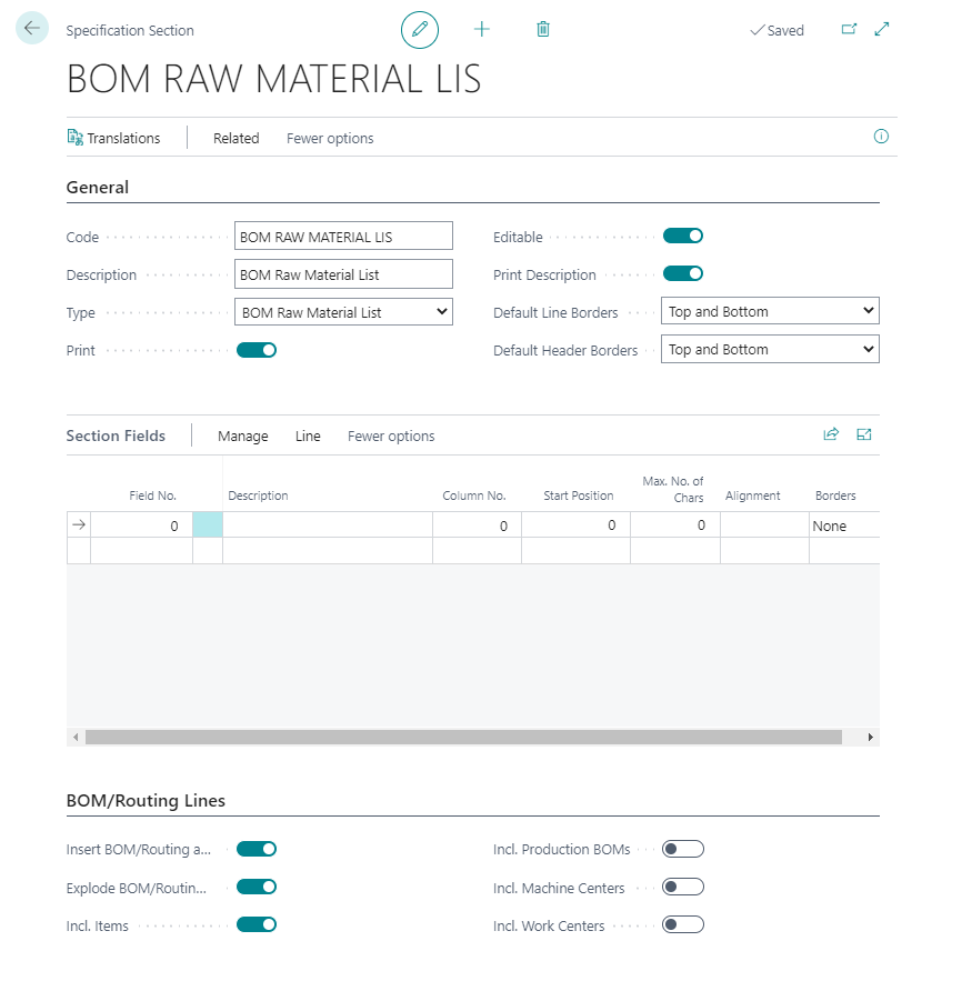 Specification section - BOM raw material list
