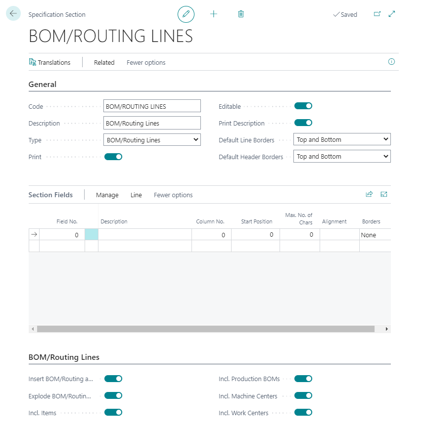 Specification section - BOM/routing lines