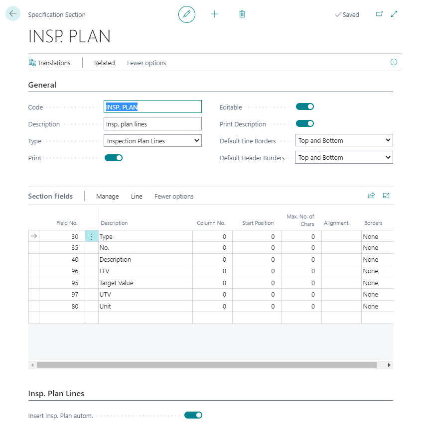 Specification Section - Inspection Plan Lines