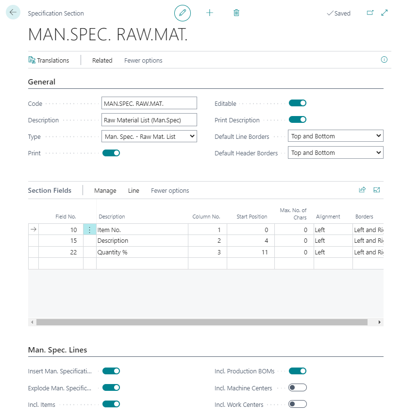 Specification section - manufacturing specification raw material list