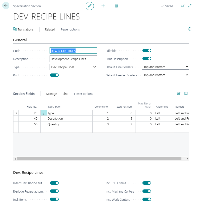 Specification Section - Dev. Recipe Lines