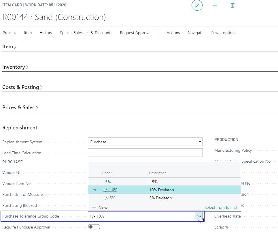 Add Item Purchase Tolerance Groups to item