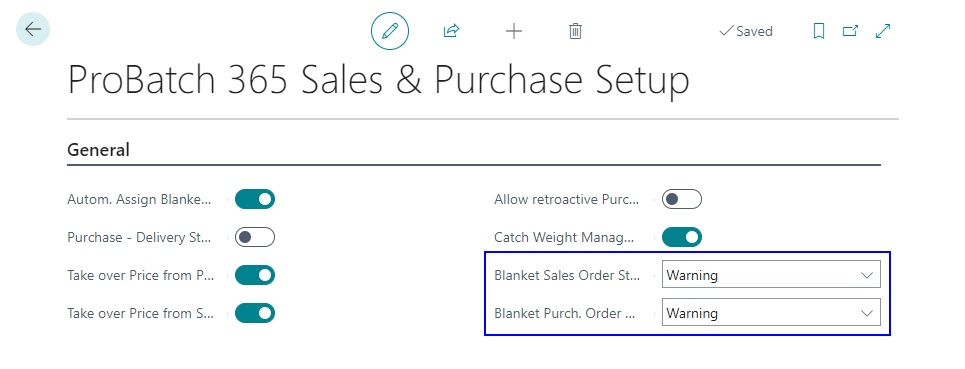 SP Setup Blanket Orders Optionen
