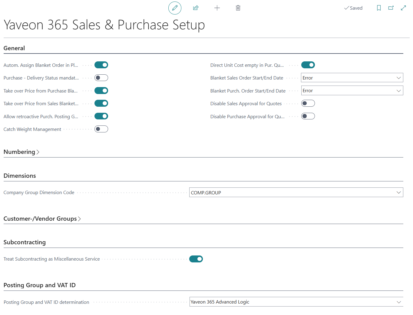 Yaveon 365 Sales and Purchase Setup