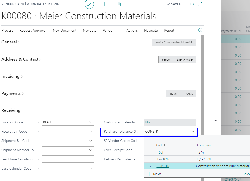 Add Vendor Purchase Tolerance Groups to Vendor
