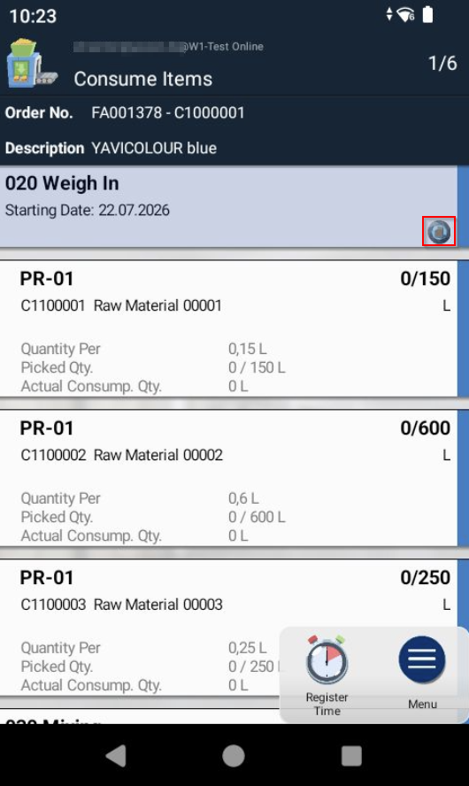 Consumption lines with operation line and inspection order symbol