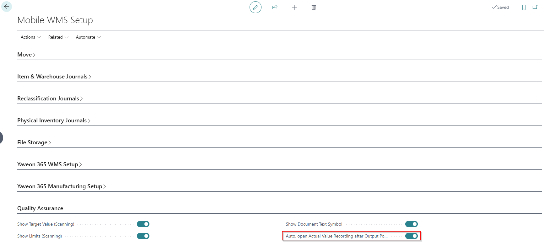 Automatically open Actual Value Recording after Output Posting field in the Mobile WMS Setup