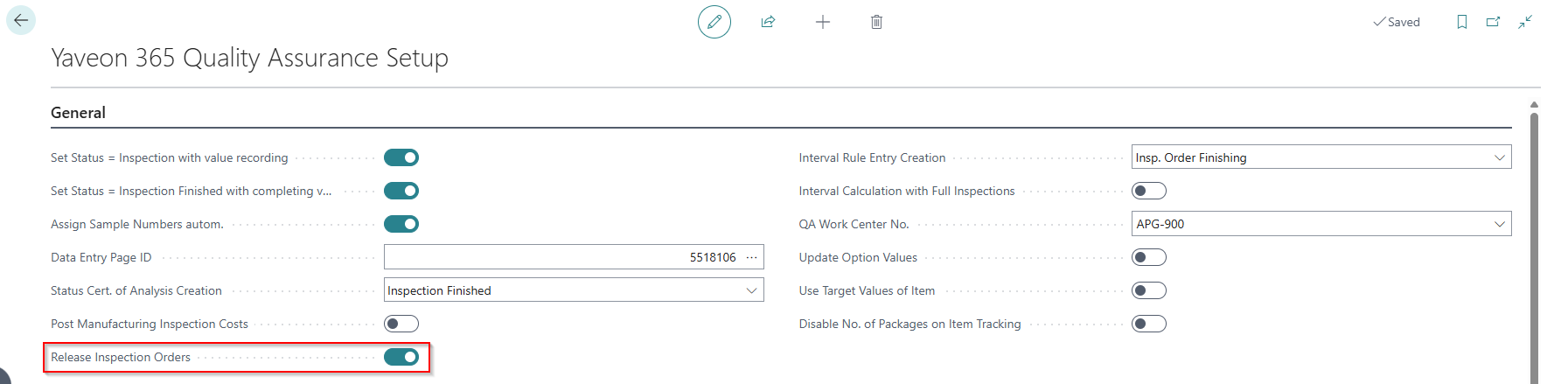 Release Inspection Orders field in the Yaveon 365 Quality Assurance Setup