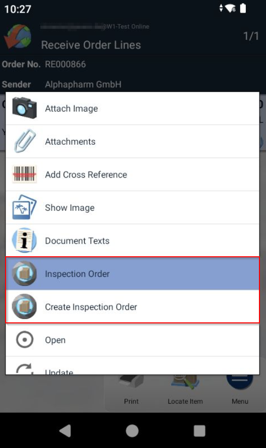 Inspection Order and Create Inspection Order actions on the warehouse receipt lines