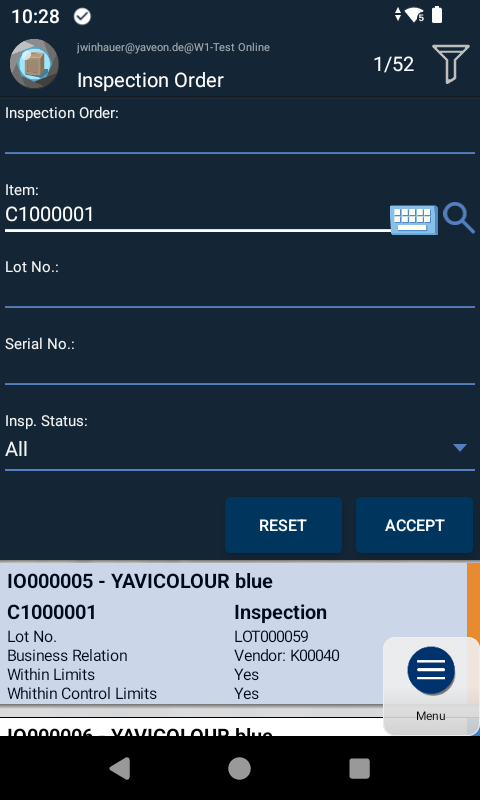Filter Inspection Order Overview Scanner