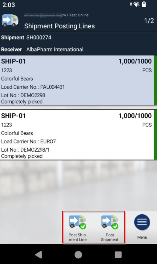 Posting actions on the Shipment Lines page