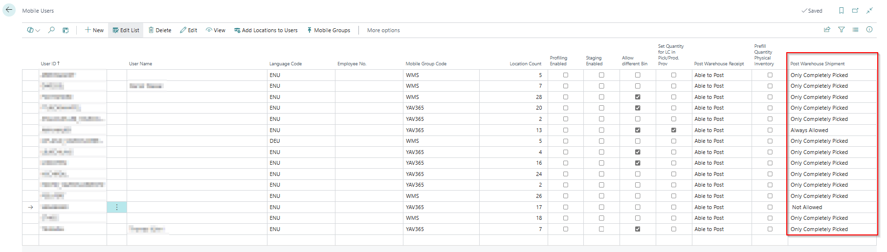 Post Warehouse Shipment field on the Mobile Users page