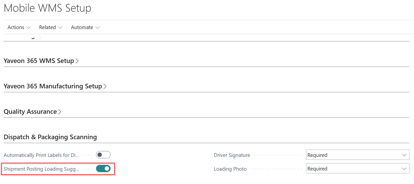 Shipment Posting Loading Suggestion field in the Mobile WMS Setup