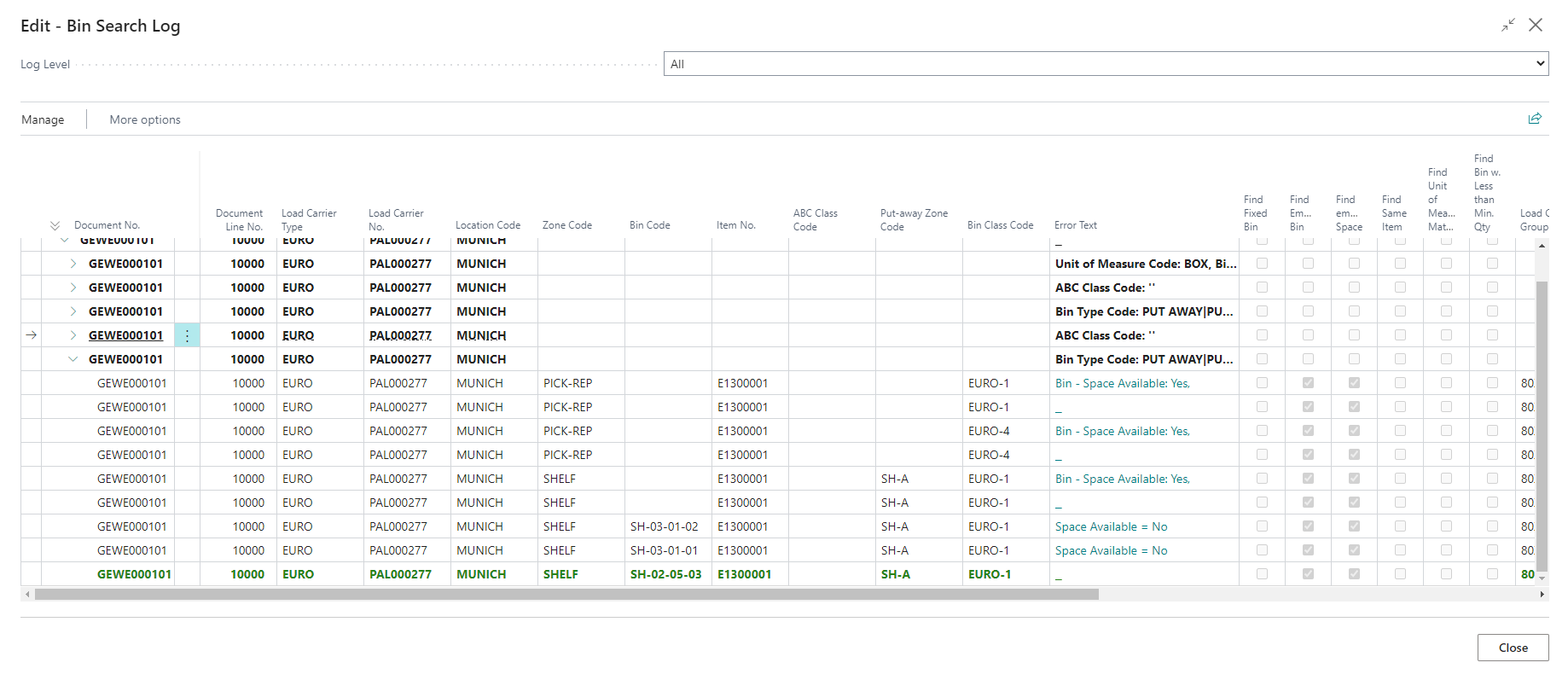 Bin search log