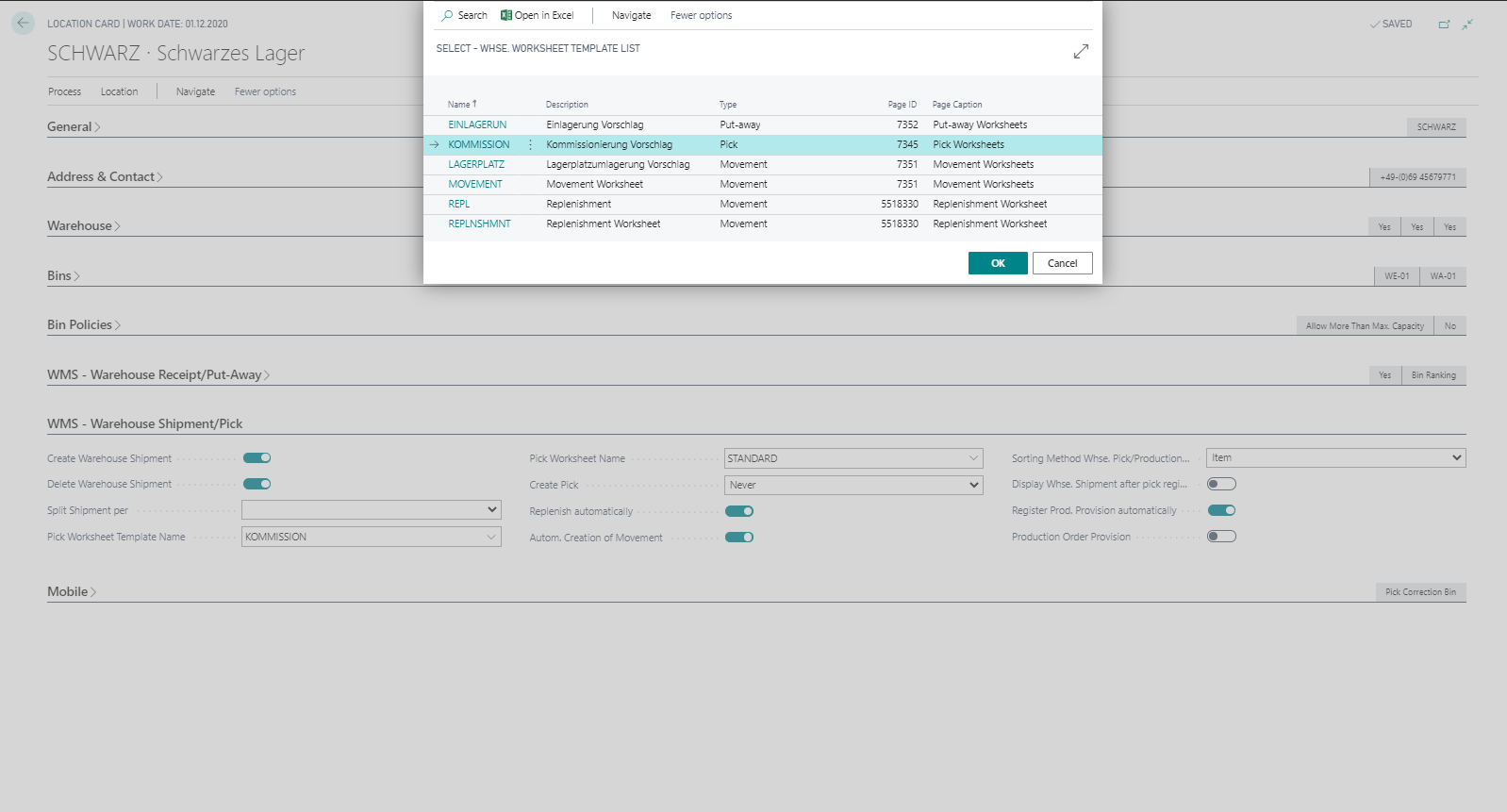 Location - register WMS warehouse shipment/picking