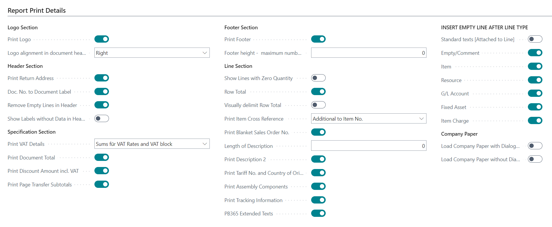 Setup tab Document printing details