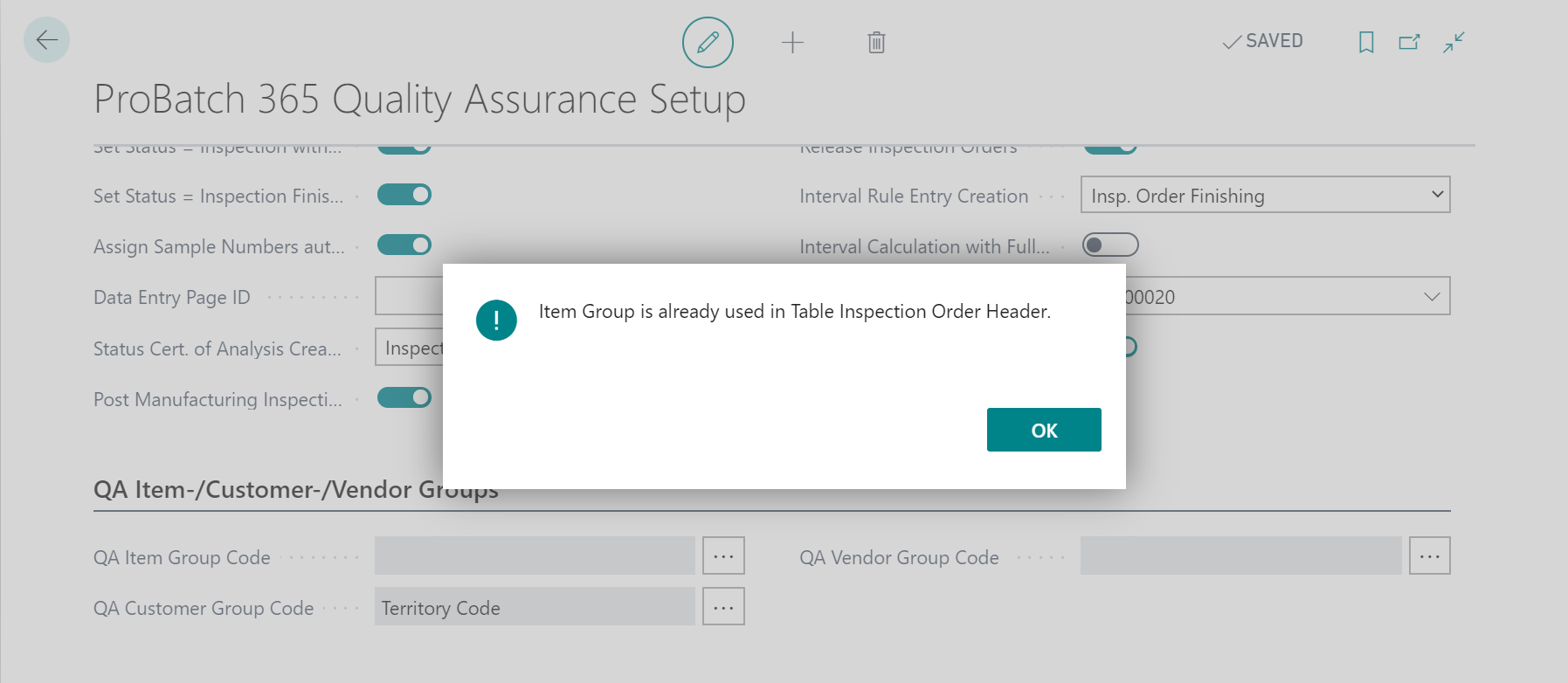 Error message QA Item Group