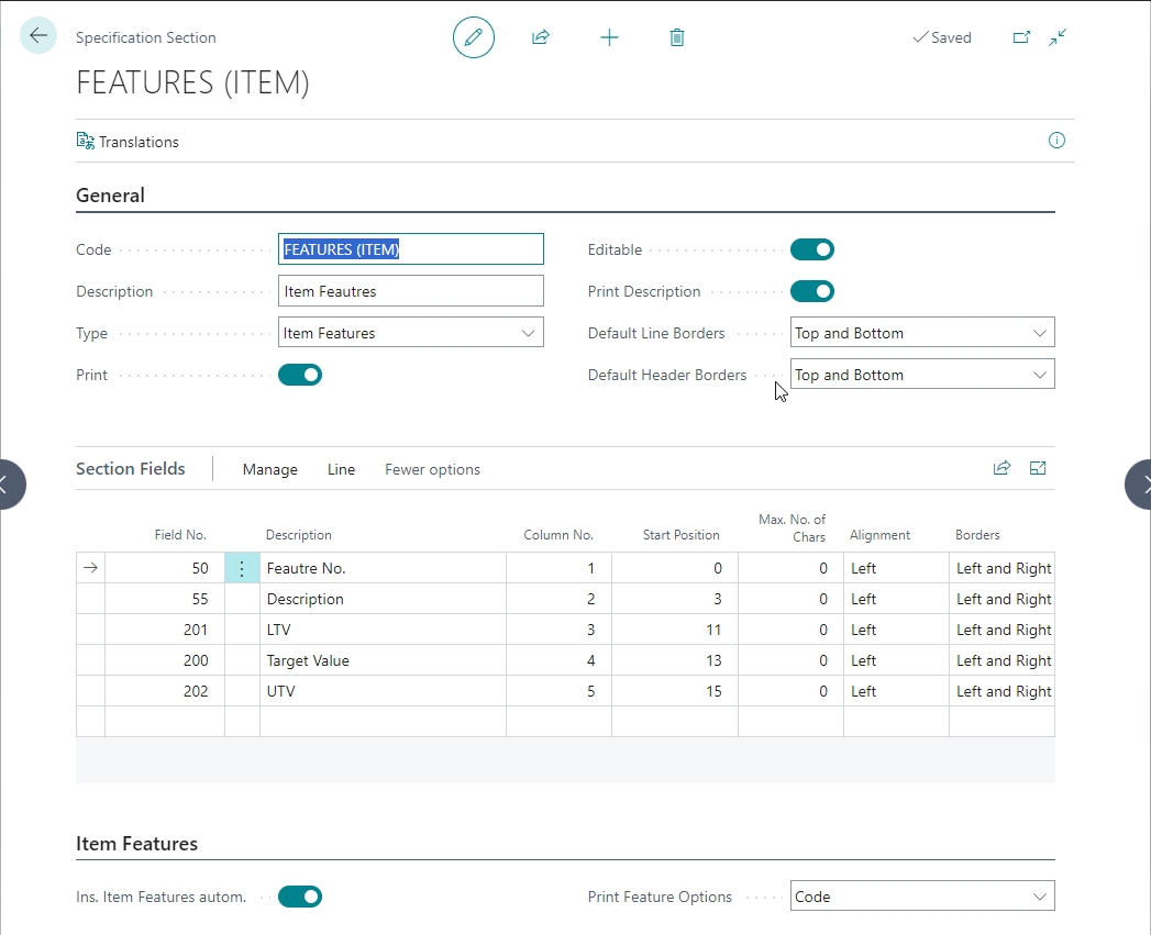 Specification Section - Item Features