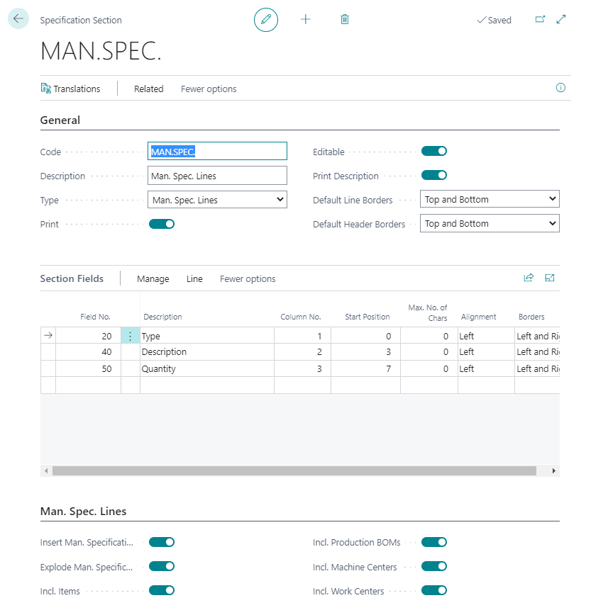 Specification Section - Manufacturing Specification Lines