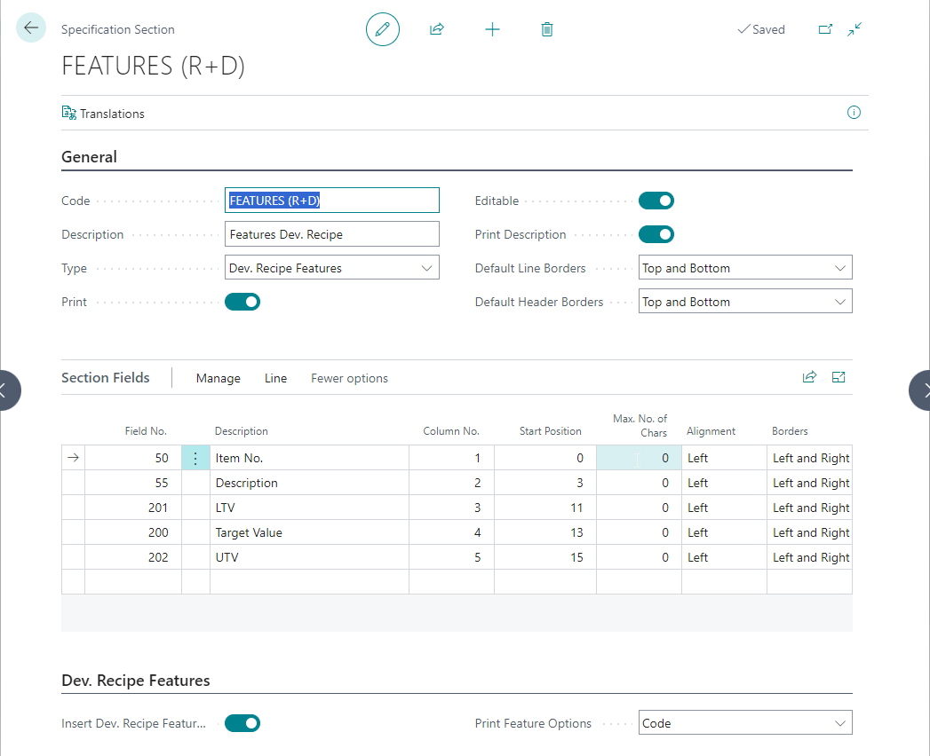 Specification Section - Recipe Features