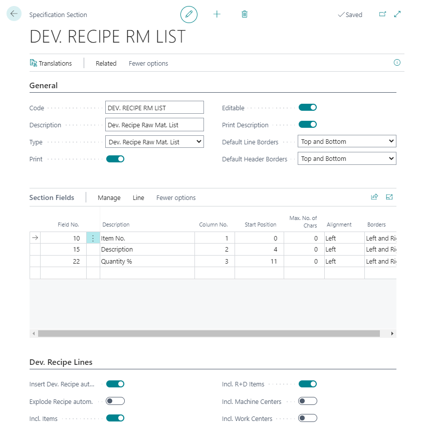 Specification Section - Dev. Recipe Raw Mat. List