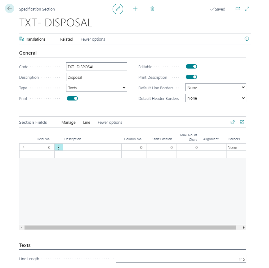 Specification section - Texts