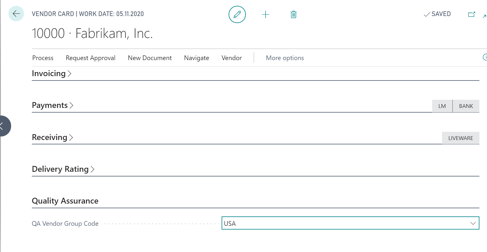 Field QA Vendor Group Code on the Vendor Card