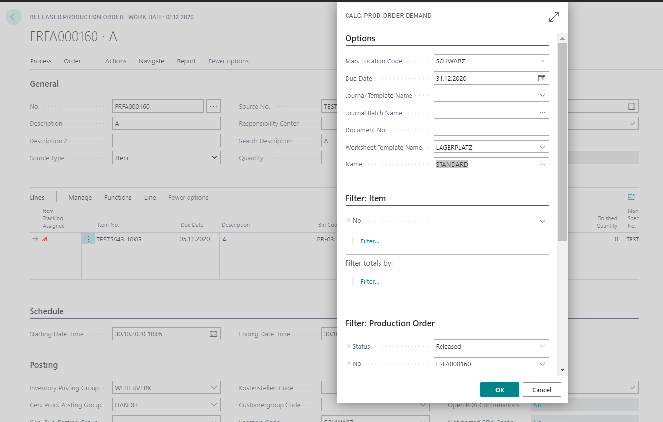 Calculate production order demand