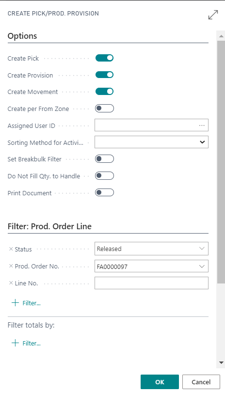 Create pick / prod. provision